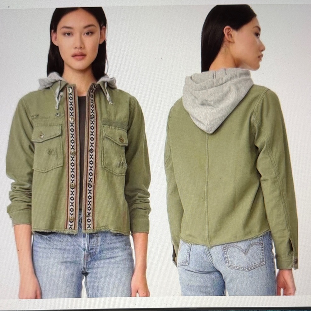 Free People Weekemd Wanderer Hooded Olive Green Women's Distressed Jacket, sz L